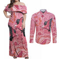 NAIDOC Week Aussie Indigenous Couples Matching Off Shoulder Maxi Dress and Long Sleeve Button Shirt Aboriginal Galah Bird Contemporary Art