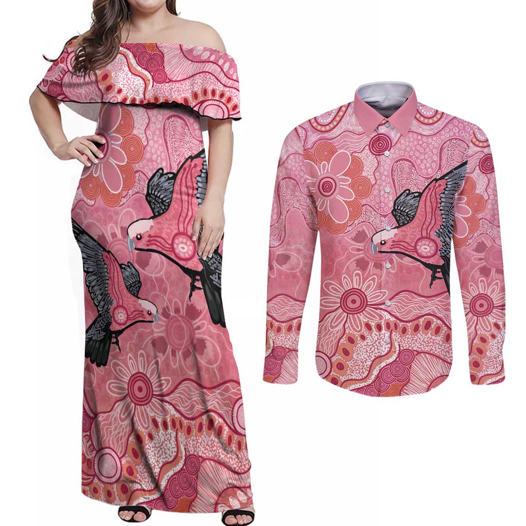 NAIDOC Week Aussie Indigenous Couples Matching Off Shoulder Maxi Dress and Long Sleeve Button Shirt Aboriginal Galah Bird Contemporary Art
