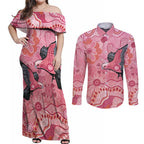 NAIDOC Week Aussie Indigenous Couples Matching Off Shoulder Maxi Dress and Long Sleeve Button Shirt Aboriginal Galah Bird Contemporary Art