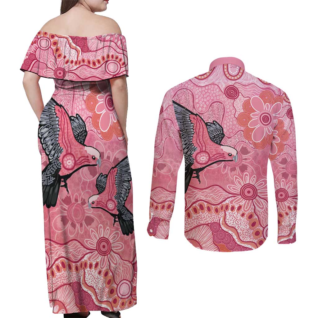NAIDOC Week Aussie Indigenous Couples Matching Off Shoulder Maxi Dress and Long Sleeve Button Shirt Aboriginal Galah Bird Contemporary Art