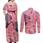 NAIDOC Week Aussie Indigenous Couples Matching Off Shoulder Maxi Dress and Long Sleeve Button Shirt Aboriginal Galah Bird Contemporary Art