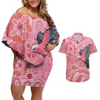 NAIDOC Week Aussie Indigenous Couples Matching Off Shoulder Short Dress and Hawaiian Shirt Aboriginal Galah Bird Contemporary Art