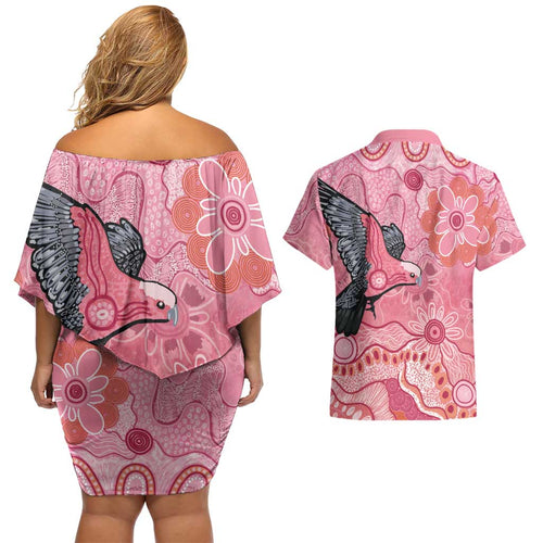 NAIDOC Week Aussie Indigenous Couples Matching Off Shoulder Short Dress and Hawaiian Shirt Aboriginal Galah Bird Contemporary Art