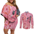 NAIDOC Week Aussie Indigenous Couples Matching Off Shoulder Short Dress and Long Sleeve Button Shirt Aboriginal Galah Bird Contemporary Art