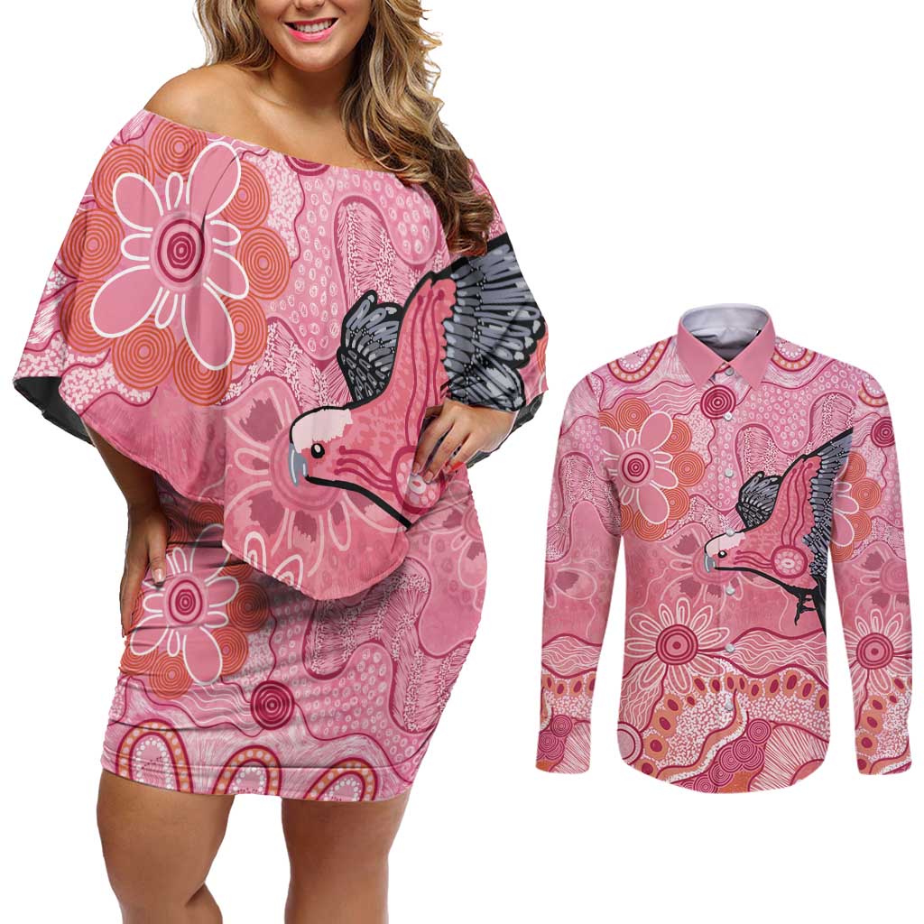 NAIDOC Week Aussie Indigenous Couples Matching Off Shoulder Short Dress and Long Sleeve Button Shirt Aboriginal Galah Bird Contemporary Art