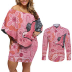 NAIDOC Week Aussie Indigenous Couples Matching Off Shoulder Short Dress and Long Sleeve Button Shirt Aboriginal Galah Bird Contemporary Art