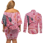 NAIDOC Week Aussie Indigenous Couples Matching Off Shoulder Short Dress and Long Sleeve Button Shirt Aboriginal Galah Bird Contemporary Art