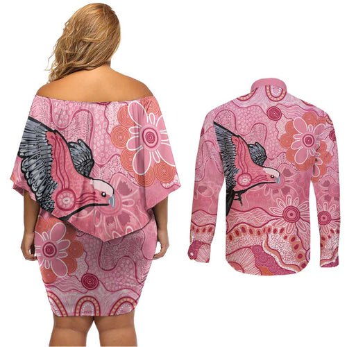 NAIDOC Week Aussie Indigenous Couples Matching Off Shoulder Short Dress and Long Sleeve Button Shirt Aboriginal Galah Bird Contemporary Art