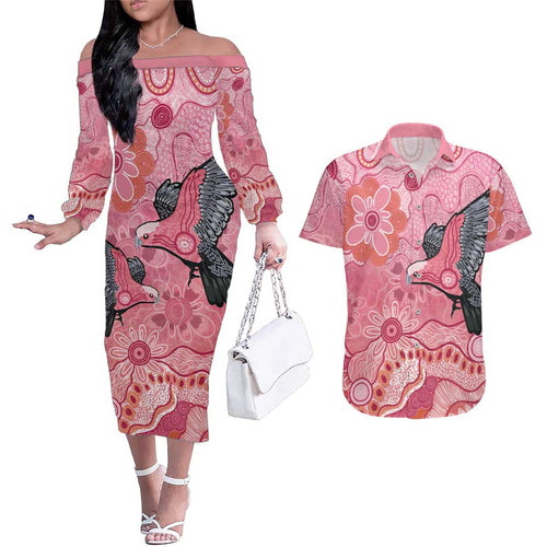 NAIDOC Week Aussie Indigenous Couples Matching Off The Shoulder Long Sleeve Dress and Hawaiian Shirt Aboriginal Galah Bird Contemporary Art