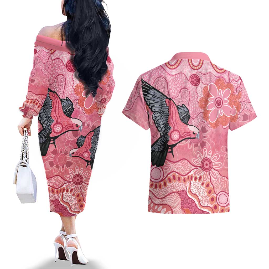 NAIDOC Week Aussie Indigenous Couples Matching Off The Shoulder Long Sleeve Dress and Hawaiian Shirt Aboriginal Galah Bird Contemporary Art