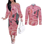 NAIDOC Week Aussie Indigenous Couples Matching Off The Shoulder Long Sleeve Dress and Long Sleeve Button Shirt Aboriginal Galah Bird Contemporary Art