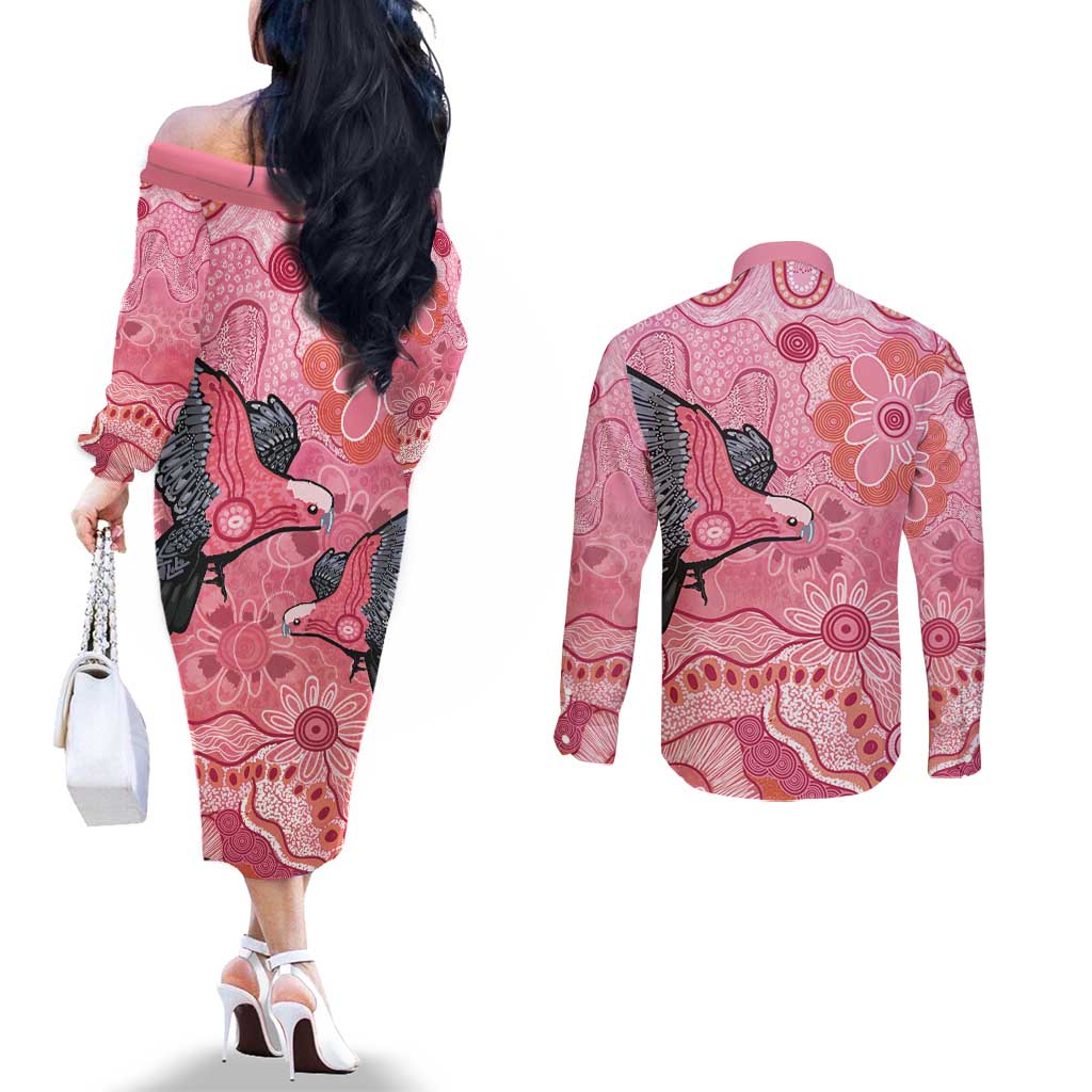 NAIDOC Week Aussie Indigenous Couples Matching Off The Shoulder Long Sleeve Dress and Long Sleeve Button Shirt Aboriginal Galah Bird Contemporary Art