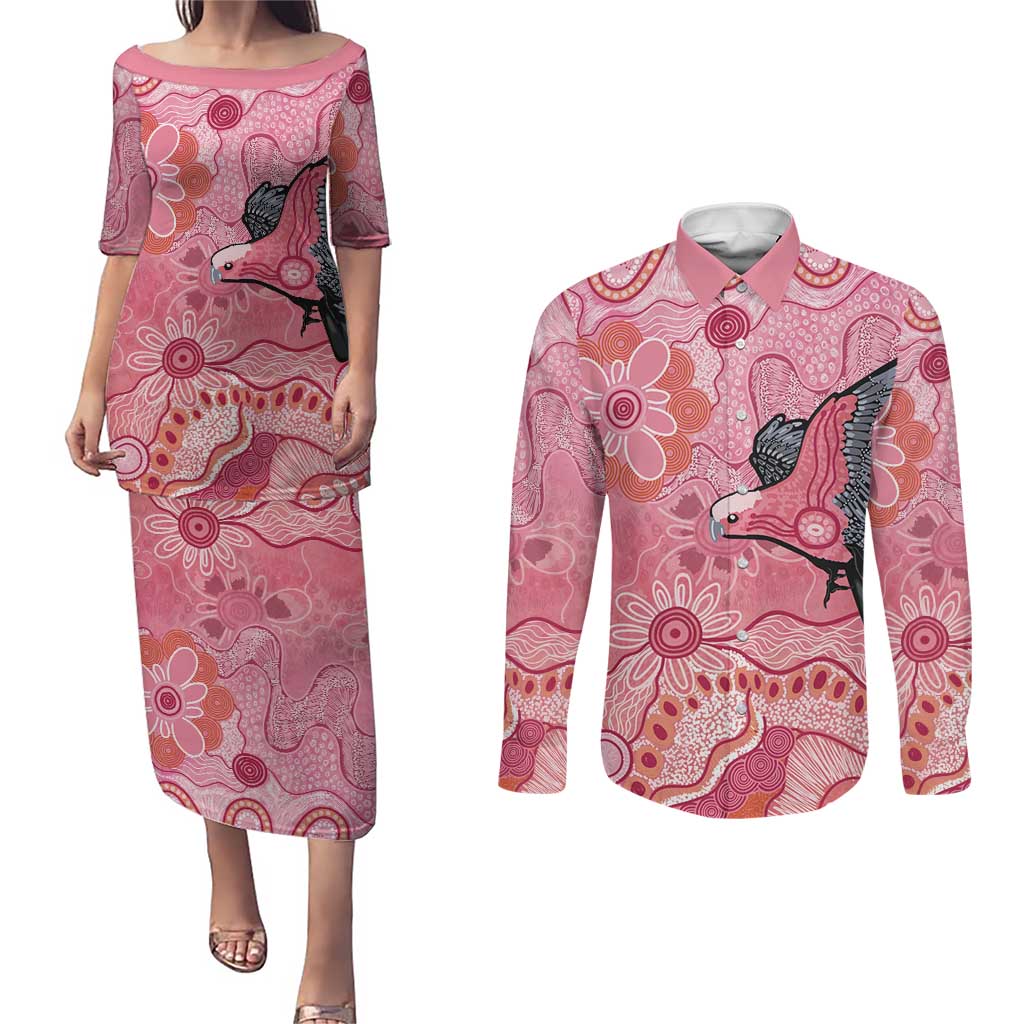 NAIDOC Week Aussie Indigenous Couples Matching Puletasi and Long Sleeve Button Shirt Aboriginal Galah Bird Contemporary Art
