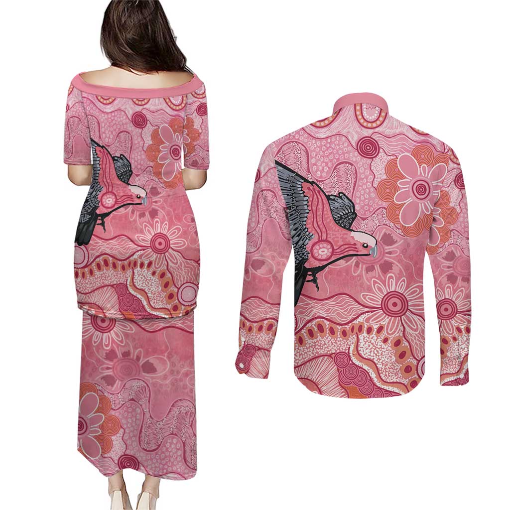 NAIDOC Week Aussie Indigenous Couples Matching Puletasi and Long Sleeve Button Shirt Aboriginal Galah Bird Contemporary Art