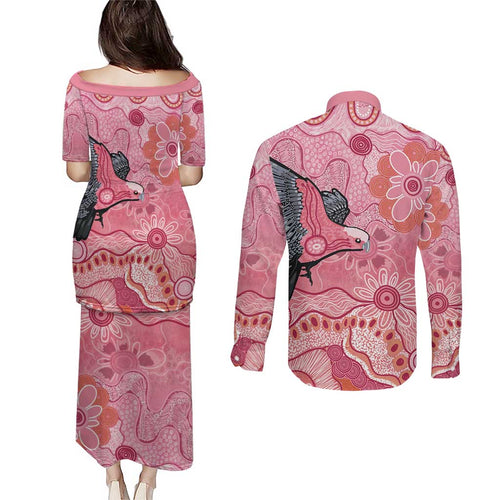 NAIDOC Week Aussie Indigenous Couples Matching Puletasi and Long Sleeve Button Shirt Aboriginal Galah Bird Contemporary Art