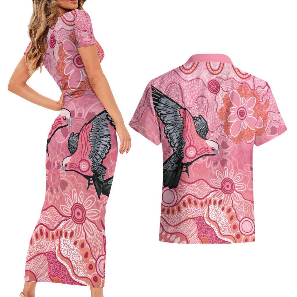 NAIDOC Week Aussie Indigenous Couples Matching Short Sleeve Bodycon Dress and Hawaiian Shirt Aboriginal Galah Bird Contemporary Art