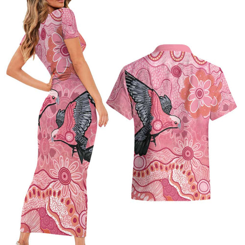 NAIDOC Week Aussie Indigenous Couples Matching Short Sleeve Bodycon Dress and Hawaiian Shirt Aboriginal Galah Bird Contemporary Art