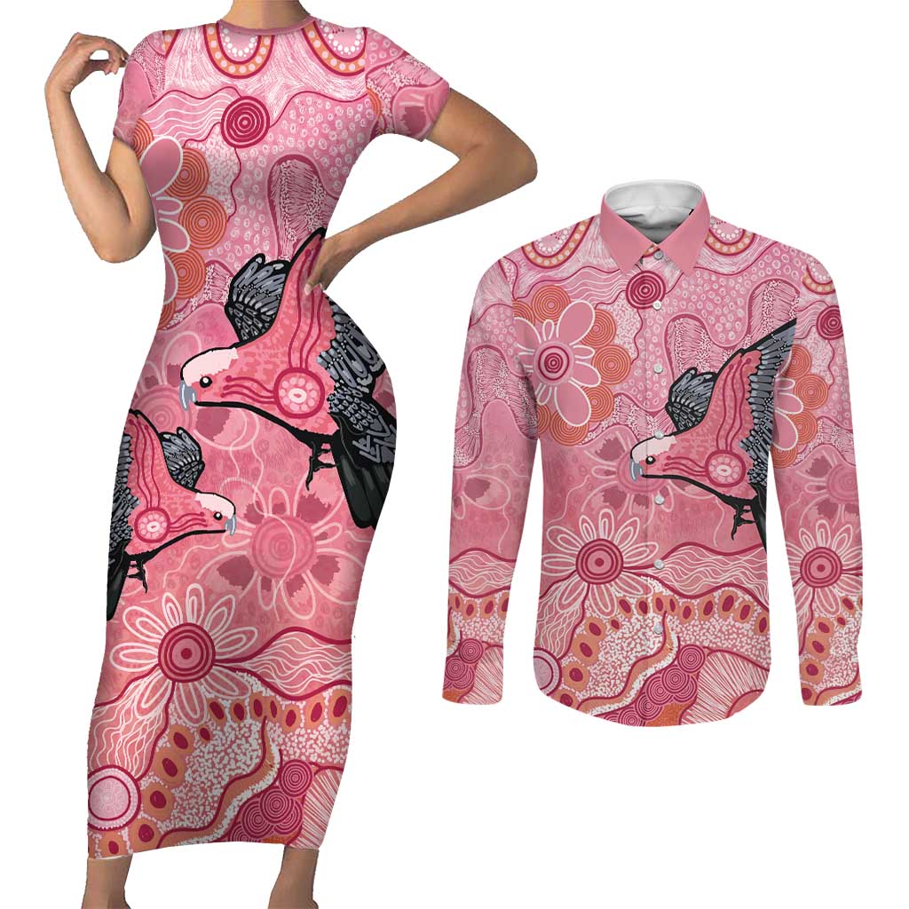 NAIDOC Week Aussie Indigenous Couples Matching Short Sleeve Bodycon Dress and Long Sleeve Button Shirt Aboriginal Galah Bird Contemporary Art