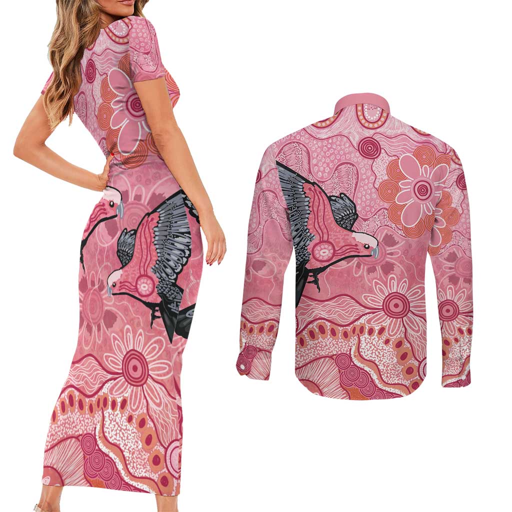 NAIDOC Week Aussie Indigenous Couples Matching Short Sleeve Bodycon Dress and Long Sleeve Button Shirt Aboriginal Galah Bird Contemporary Art