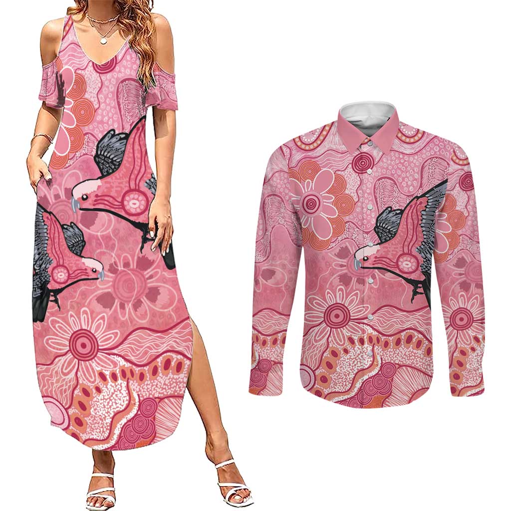 NAIDOC Week Aussie Indigenous Couples Matching Summer Maxi Dress and Long Sleeve Button Shirt Aboriginal Galah Bird Contemporary Art