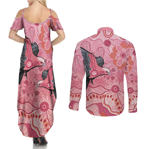 NAIDOC Week Aussie Indigenous Couples Matching Summer Maxi Dress and Long Sleeve Button Shirt Aboriginal Galah Bird Contemporary Art