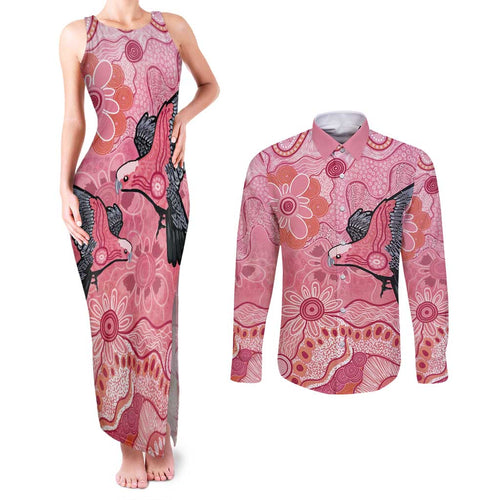 NAIDOC Week Aussie Indigenous Couples Matching Tank Maxi Dress and Long Sleeve Button Shirt Aboriginal Galah Bird Contemporary Art