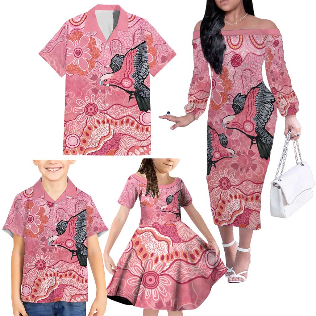 NAIDOC Week Aussie Indigenous Family Matching Off The Shoulder Long Sleeve Dress and Hawaiian Shirt Aboriginal Galah Bird Contemporary Art