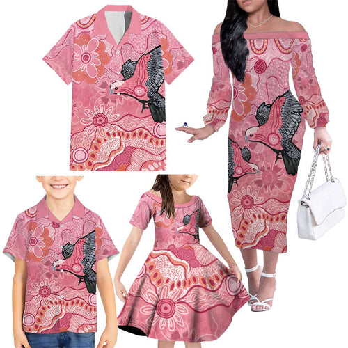 NAIDOC Week Aussie Indigenous Family Matching Off The Shoulder Long Sleeve Dress and Hawaiian Shirt Aboriginal Galah Bird Contemporary Art