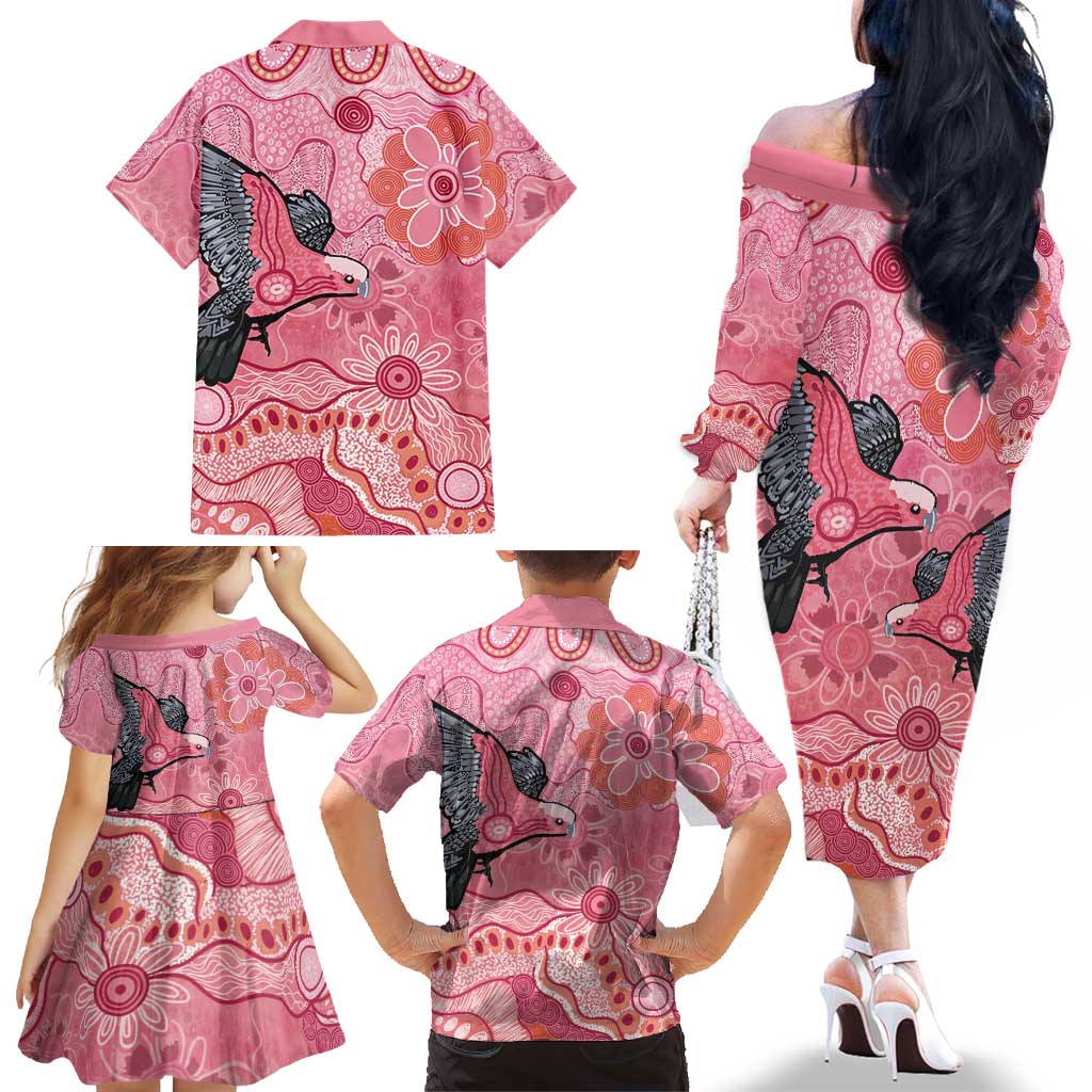 NAIDOC Week Aussie Indigenous Family Matching Off The Shoulder Long Sleeve Dress and Hawaiian Shirt Aboriginal Galah Bird Contemporary Art