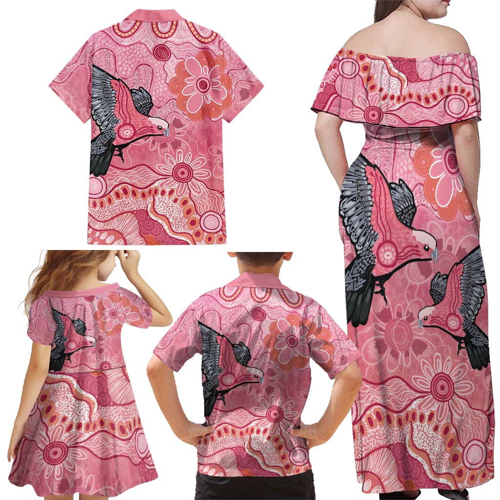 NAIDOC Week Aussie Indigenous Family Matching Off Shoulder Maxi Dress and Hawaiian Shirt Aboriginal Galah Bird Contemporary Art