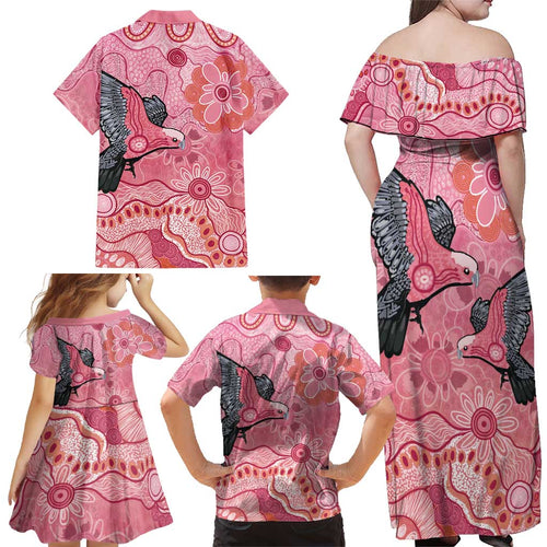 NAIDOC Week Aussie Indigenous Family Matching Off Shoulder Maxi Dress and Hawaiian Shirt Aboriginal Galah Bird Contemporary Art