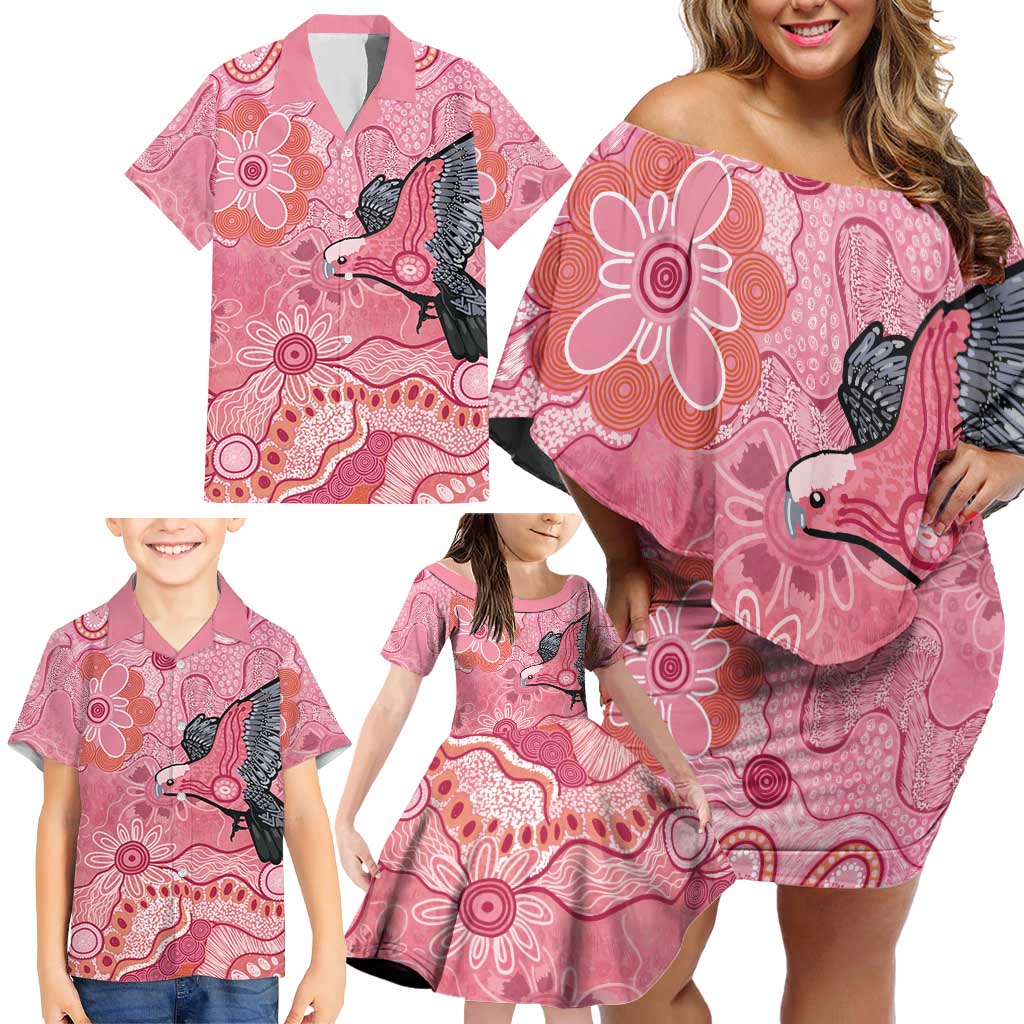 NAIDOC Week Aussie Indigenous Family Matching Off Shoulder Short Dress and Hawaiian Shirt Aboriginal Galah Bird Contemporary Art