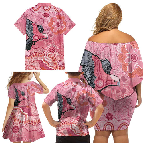 NAIDOC Week Aussie Indigenous Family Matching Off Shoulder Short Dress and Hawaiian Shirt Aboriginal Galah Bird Contemporary Art
