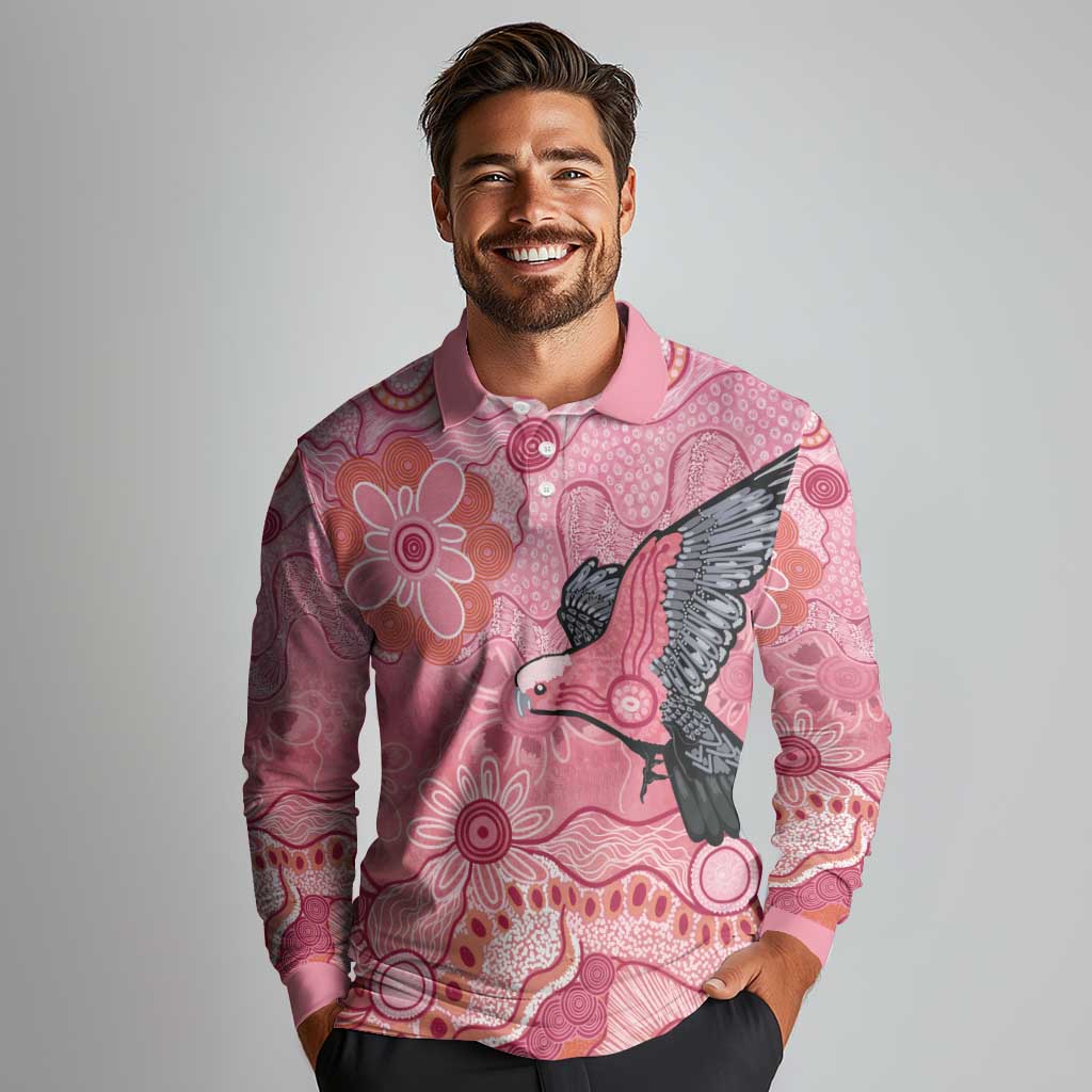 NAIDOC Week Aussie Indigenous Long Sleeve Polo Shirt Aboriginal Galah Bird Contemporary Art