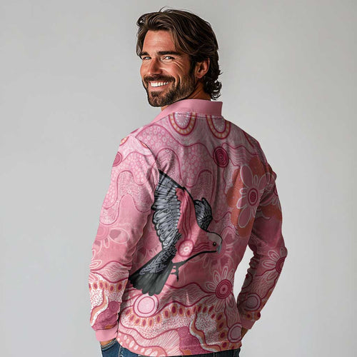 NAIDOC Week Aussie Indigenous Long Sleeve Polo Shirt Aboriginal Galah Bird Contemporary Art