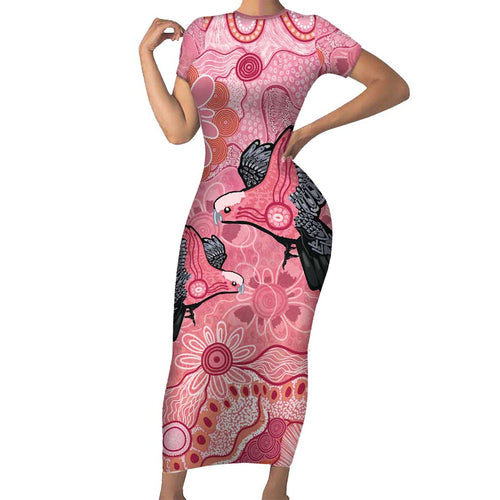 NAIDOC Week Aussie Indigenous Short Sleeve Bodycon Dress Aboriginal Galah Bird Contemporary Art