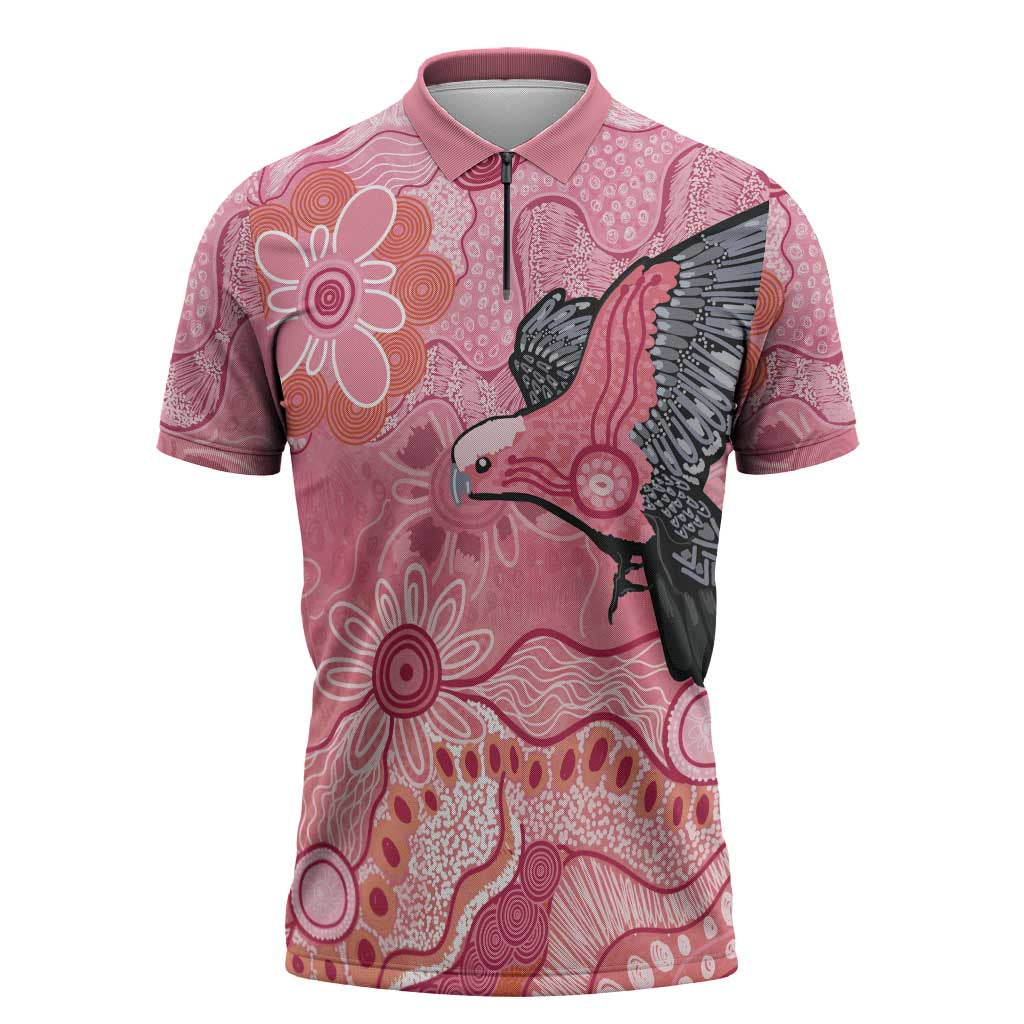 NAIDOC Week Aussie Indigenous Zipper Polo Shirt Aboriginal Galah Bird Contemporary Art