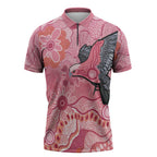 NAIDOC Week Aussie Indigenous Zipper Polo Shirt Aboriginal Galah Bird Contemporary Art