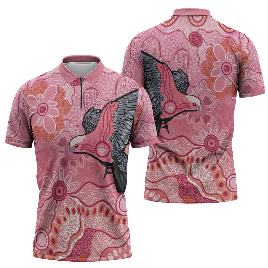 NAIDOC Week Aussie Indigenous Zipper Polo Shirt Aboriginal Galah Bird Contemporary Art