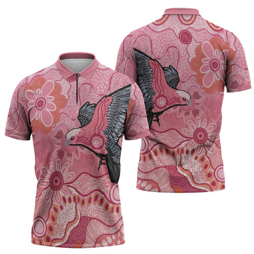NAIDOC Week Aussie Indigenous Zipper Polo Shirt Aboriginal Galah Bird Contemporary Art