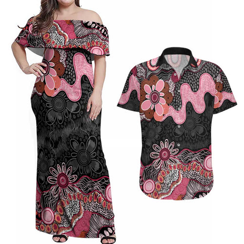 Australia NAIDOC Week 2026 Couples Matching Off Shoulder Maxi Dress and Hawaiian Shirt Aboriginal Contemporary Art