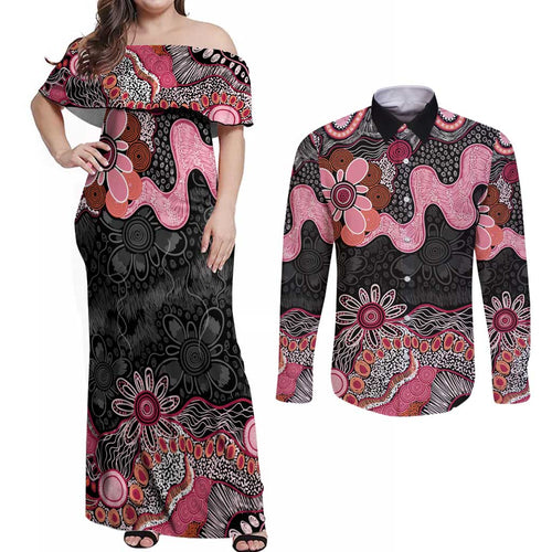 Australia NAIDOC Week 2026 Couples Matching Off Shoulder Maxi Dress and Long Sleeve Button Shirt Aboriginal Contemporary Art