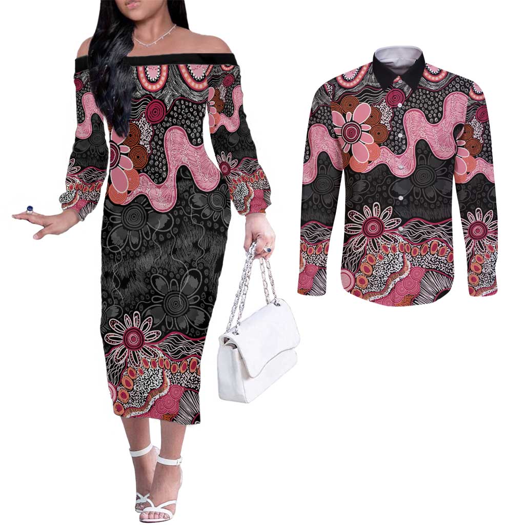 Australia NAIDOC Week 2026 Couples Matching Off The Shoulder Long Sleeve Dress and Long Sleeve Button Shirt Aboriginal Contemporary Art