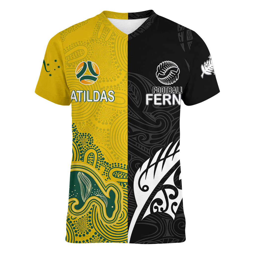 Personalised Matildas Mix Football Ferns Women V Neck T Shirt 2023 World Cup Aboriginal Tribal Style LT7