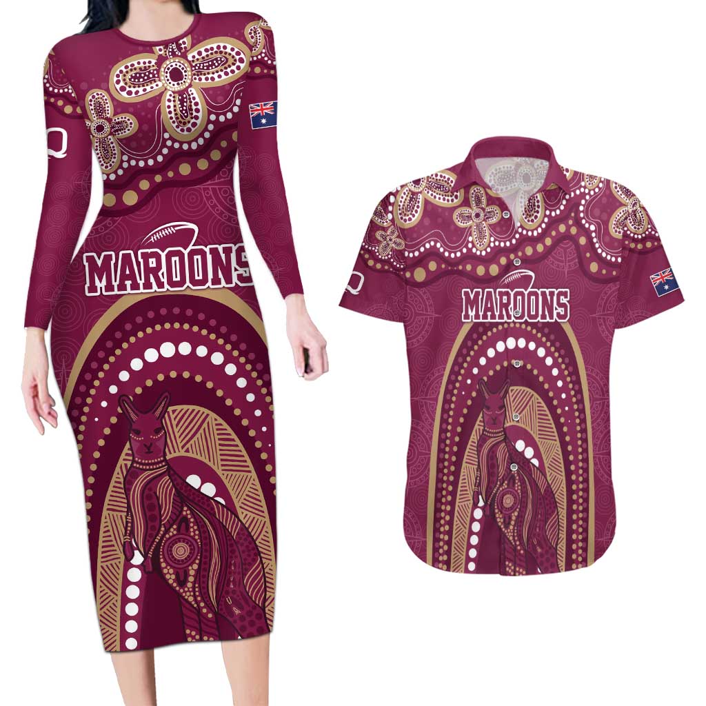 Personalized Australia QLD Rugby Indigenous Series Couples Matching Long Sleeve Bodycon Dress and Hawaiian Shirt Maroons Kangaroos