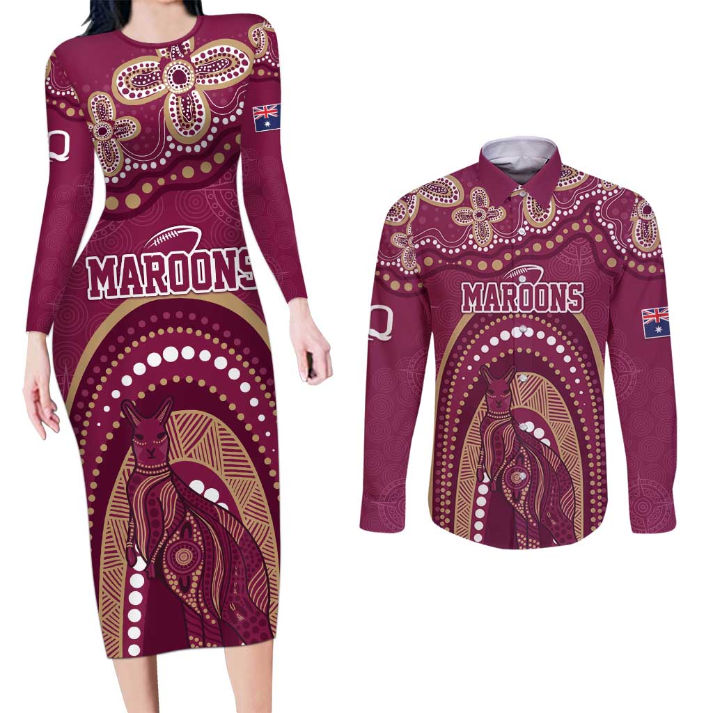 Personalized Australia QLD Rugby Indigenous Series Couples Matching Long Sleeve Bodycon Dress and Long Sleeve Button Shirt Maroons Kangaroos