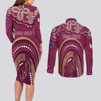 Personalized Australia QLD Rugby Indigenous Series Couples Matching Long Sleeve Bodycon Dress and Long Sleeve Button Shirt Maroons Kangaroos