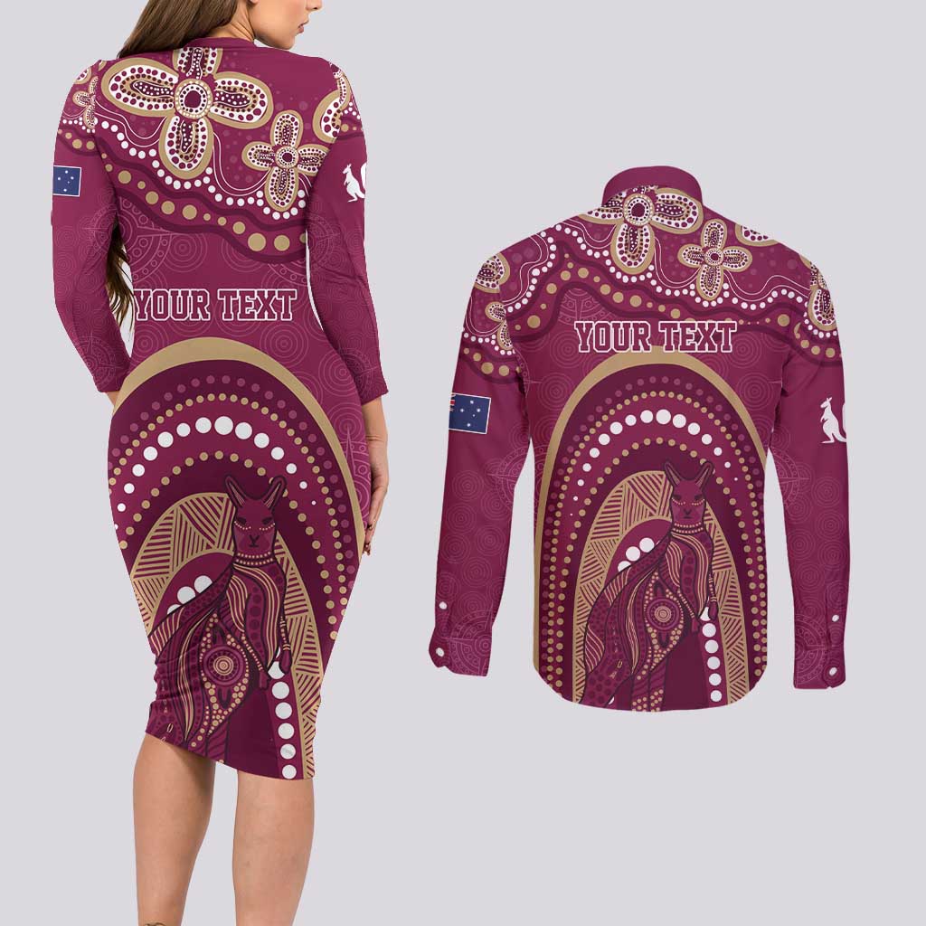 Personalized Australia QLD Rugby Indigenous Series Couples Matching Long Sleeve Bodycon Dress and Long Sleeve Button Shirt Maroons Kangaroos
