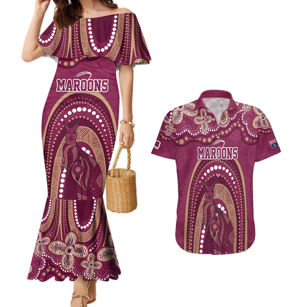 Personalized Australia QLD Rugby Indigenous Series Couples Matching Mermaid Dress and Hawaiian Shirt Maroons Kangaroos