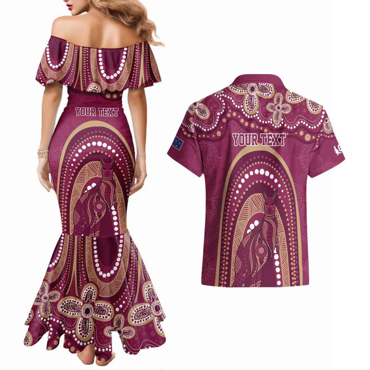 Personalized Australia QLD Rugby Indigenous Series Couples Matching Mermaid Dress and Hawaiian Shirt Maroons Kangaroos